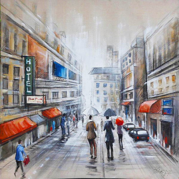 HA114 Wall décor art oil on canvas street scene blue red tones